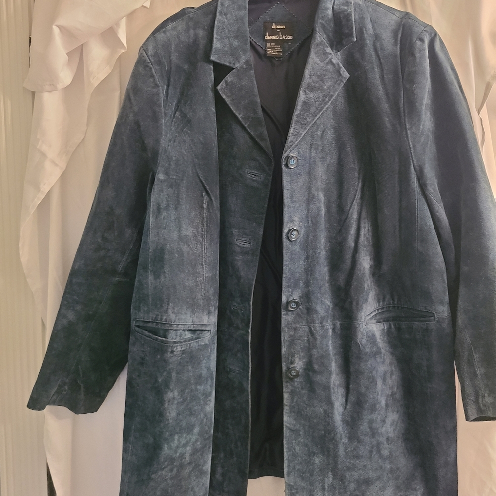 dennis basso Navy Blue Suede Button-Up Jacket